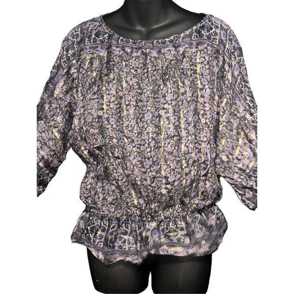 Beautiful Soft Joie Silk Top Womens Large Purple Floral Metallic Stripe Kimono S - Picture 1 of 6